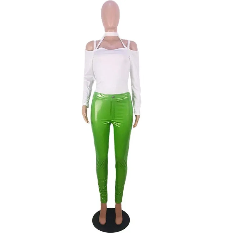 

Faux PU Leather Two Piece Set Hollow Halter Top + Pants Autumn long Sleeve Shirt PU Pants 2 Piece Set Women Sexy Party Club Wear