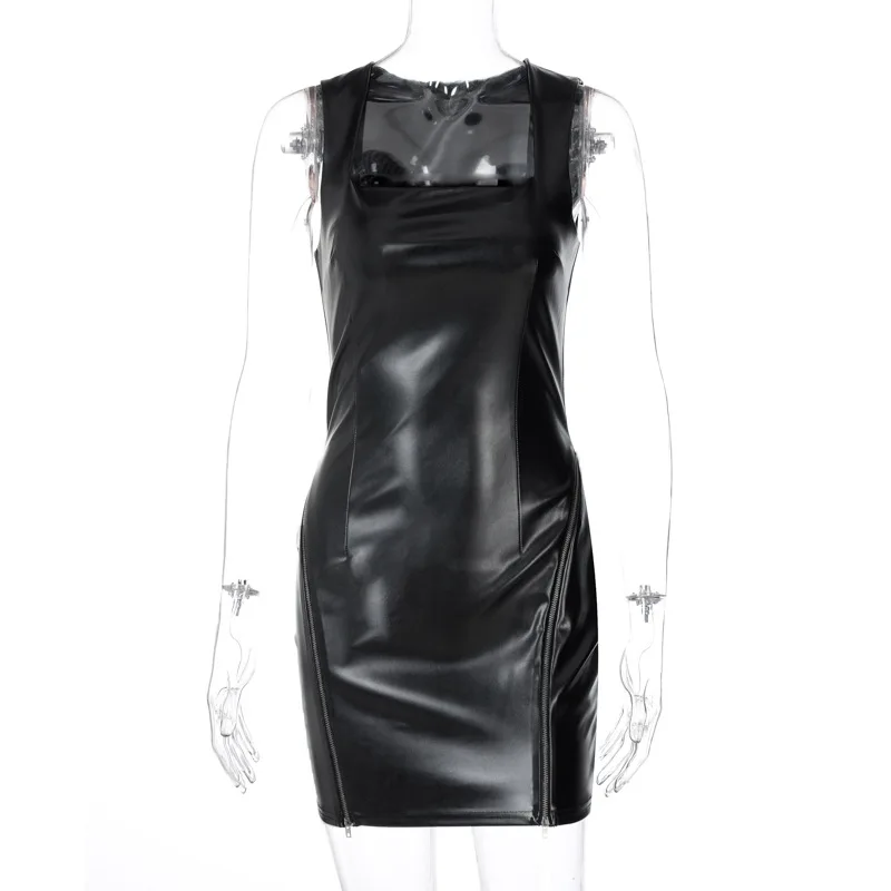 

Fannic 2021 Summer Sexy PU Leather Square Neck Dresses for Women Zipper Solid Color Shealth Sleeveless Vestidos