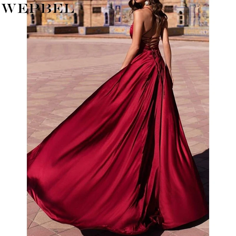 WEPBEL V-neck Solid Color Dress Summer Slim High Waist Slit Dress Women's Sexy Sleeveless Spaghetti Strap Backless Dress attractive spaghetti strap embroidery high slit maxi dress for women