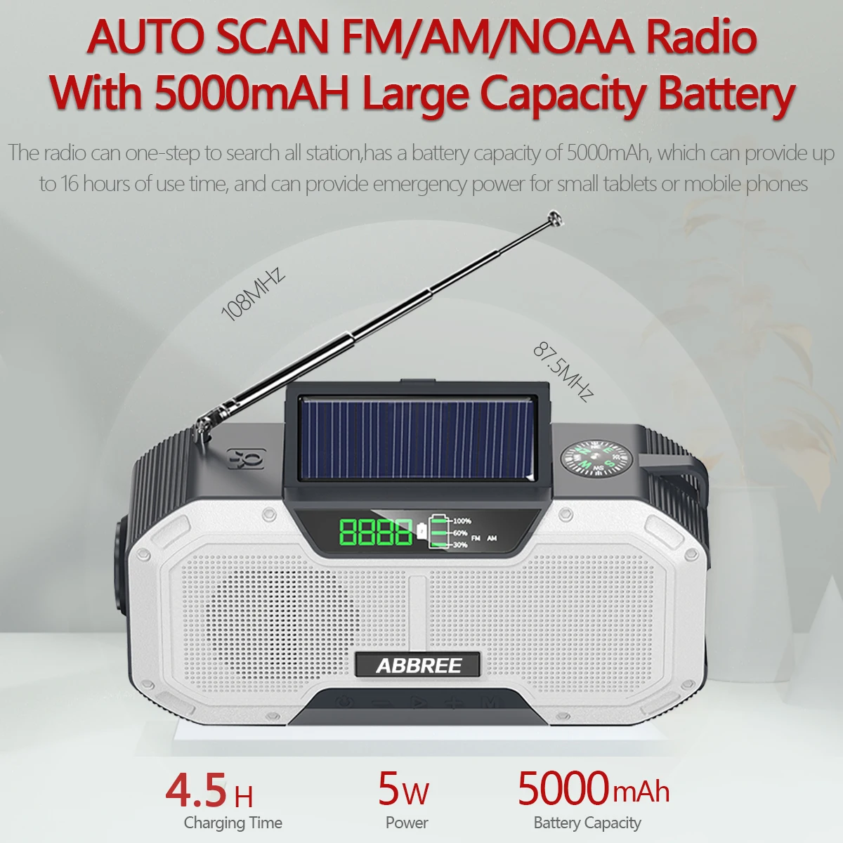 ABBREE FM/AM Портативный IPX5 Водонепроницаемый аварийный радиоприемник с