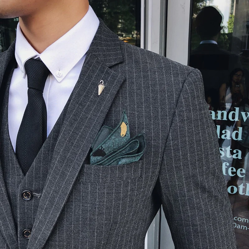 

(Jacket+Pants+Vest ) 2021 Stripe Classic Men Slim Suit 3 Pieces Tuxedo Groomsmen Wedding Suits Set Fashion Men Business Blazer