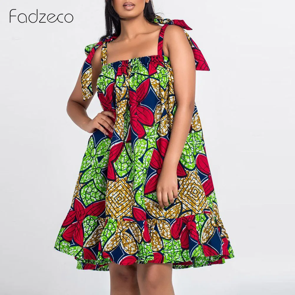 Женское платье миди без рукавов Fadzeco комбинация Дашики и Анкары с оборками