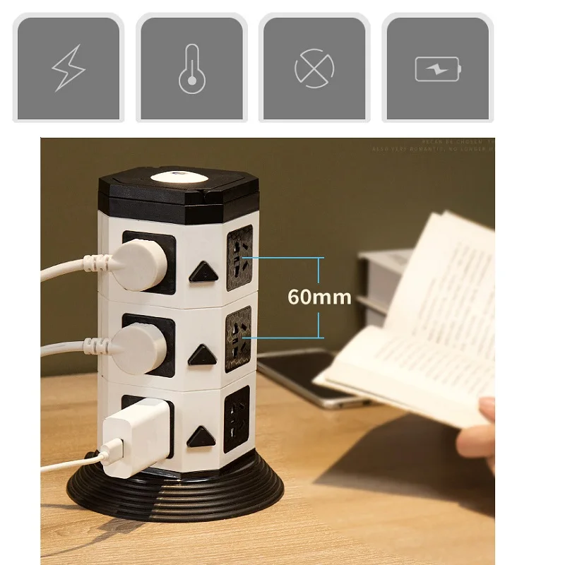 Tower Power Strip Vertical Desktop Multi Socket 7/11/15 Outlet with Dual USB 1.8M Extension cord Overload Protection | Обустройство