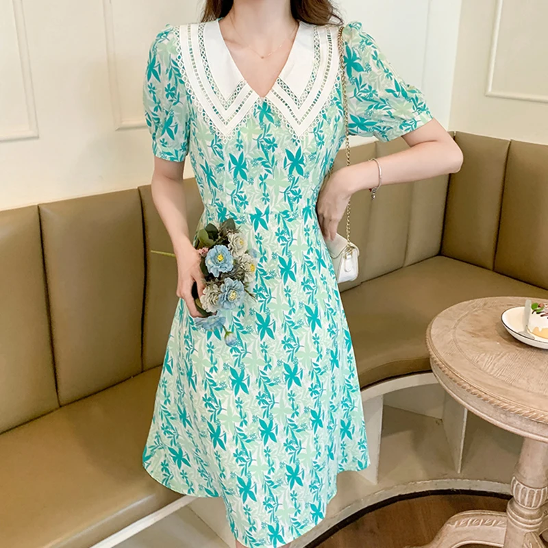 

Fitaylor New Summer Women Sweet Lace Peter Pan Collar Print Chiffon Dresses Fashion Puff Sleeve High Waist A-line Long Dress