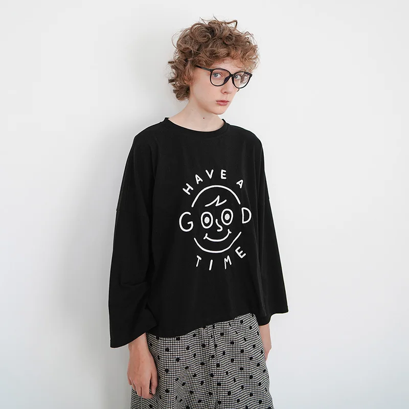 imakokoni black embroidered long-sleeved T-shirt original design simple childlike pure cotton tops female autumn 182450 | Женская одежда