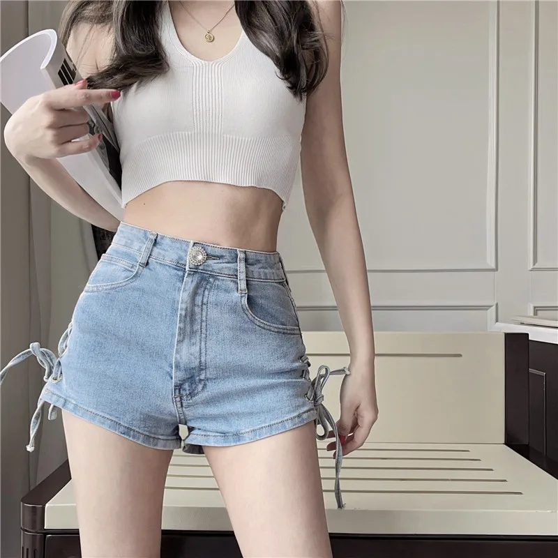 

Fashion Denim Shorts Women Fashion High Waist Lace-up Slim Cotton Shorts Girls Shorts Bottoms