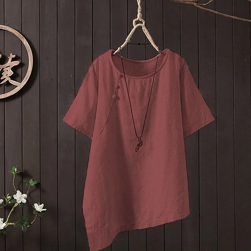

Summer New Retro Artistic Frog Cotton and Linen Shirt Loose round Neck Short-Sleeved Top shirt Women