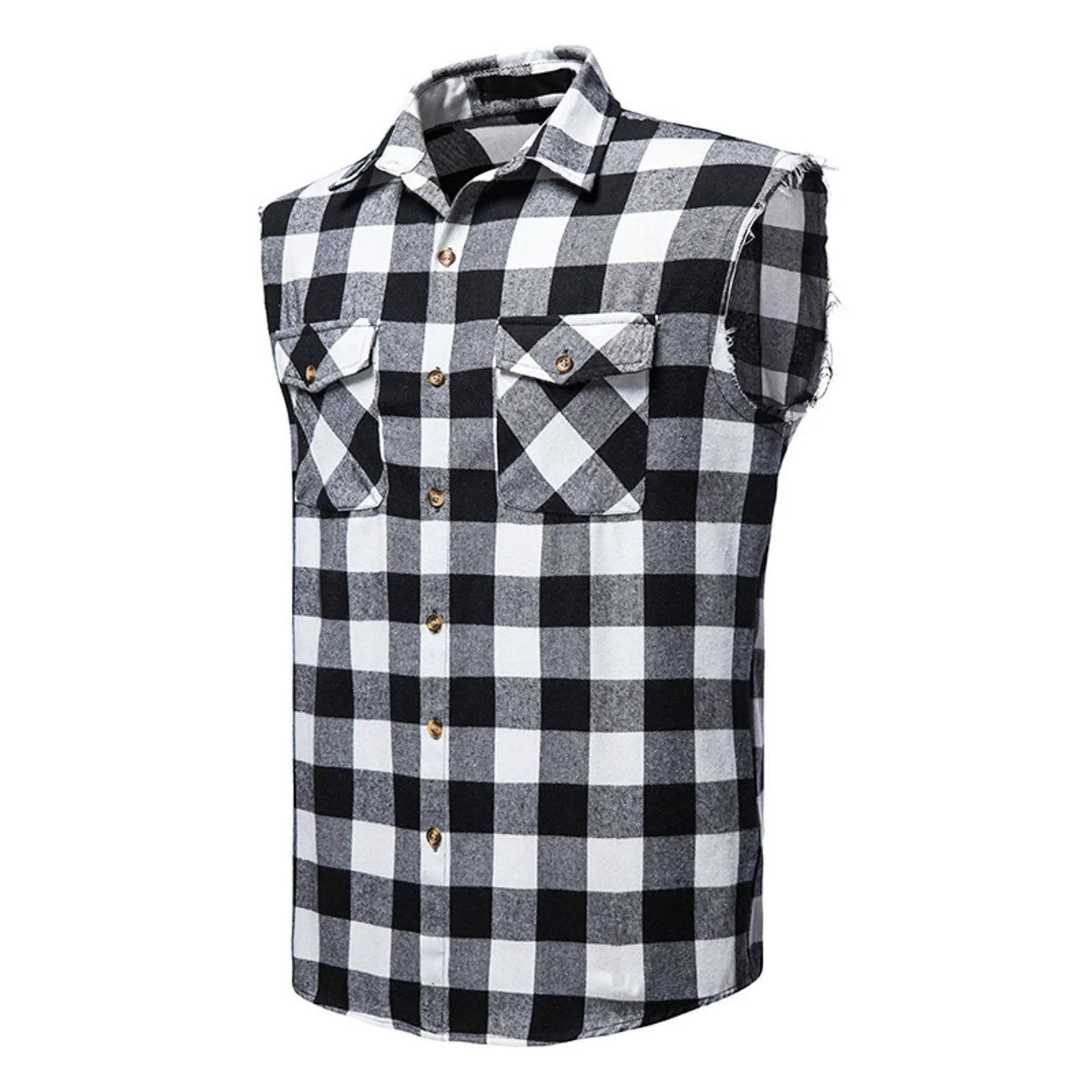54# Men's Casual Flannel Plaid Shirt Sleeveless Double Pocket Cowboy Button Down Shirts Men Cotton Plus Size Vest Checkered Top