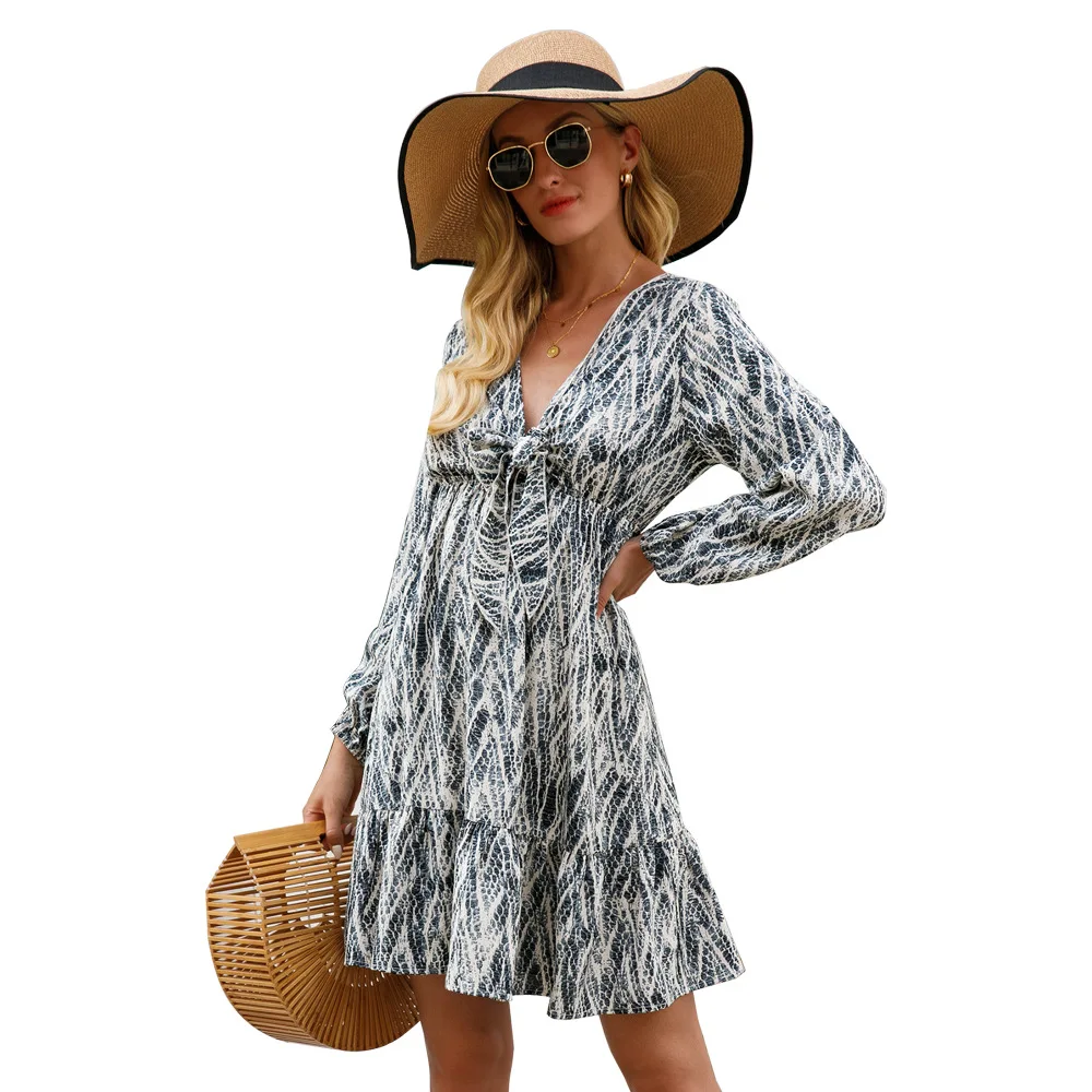 

COIGARSAM Women Beach Dress Summer 2021 Sexy Sleeveless Print Full Sleeve Bow High Waist V-Neck Red Blue Dresses Vestidos