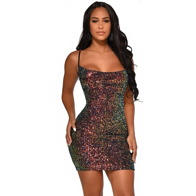 Пикантные расшитые блестками с женское платье комбинация 2019 на бретельках без