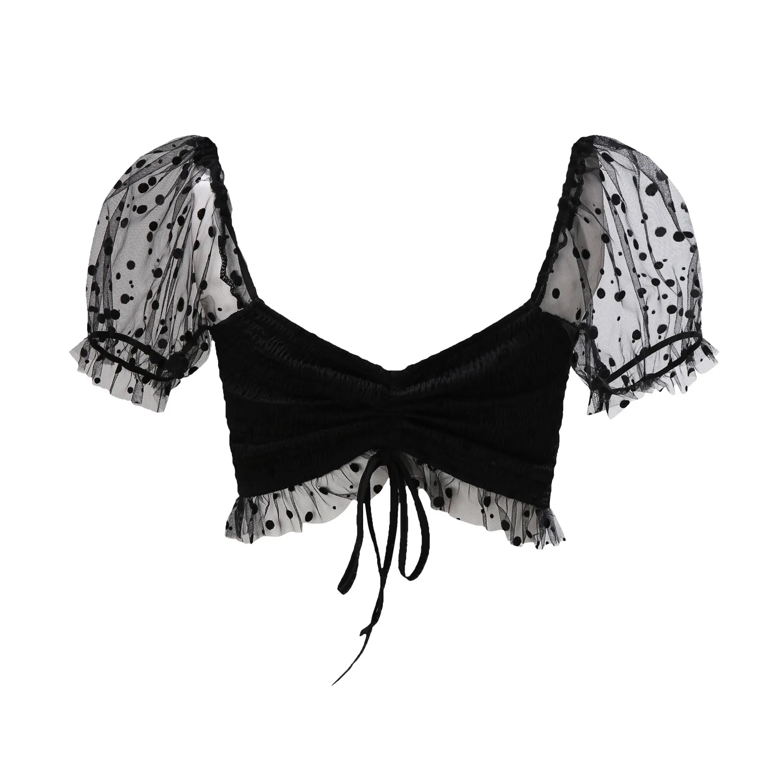 

40# Sexy Square Collar Gauze Drawstring Shirt 2021 Solid Color Lace Women's Blouse Elegant Vest Top Short Sleeve Summer Shirt