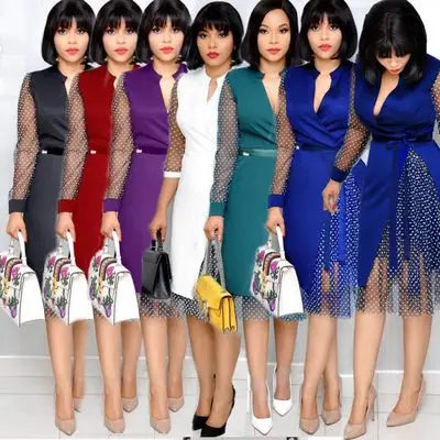 Женское офисное платье в горошек элегантное лоскутное Сетчатое до колена с v