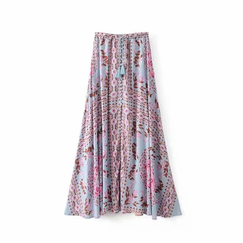 as picture Boho chic women summer Hippie beach skirt Mesh stitching cute floral printed Bohemian long maxi skirt female oversize - Цвет: as picture