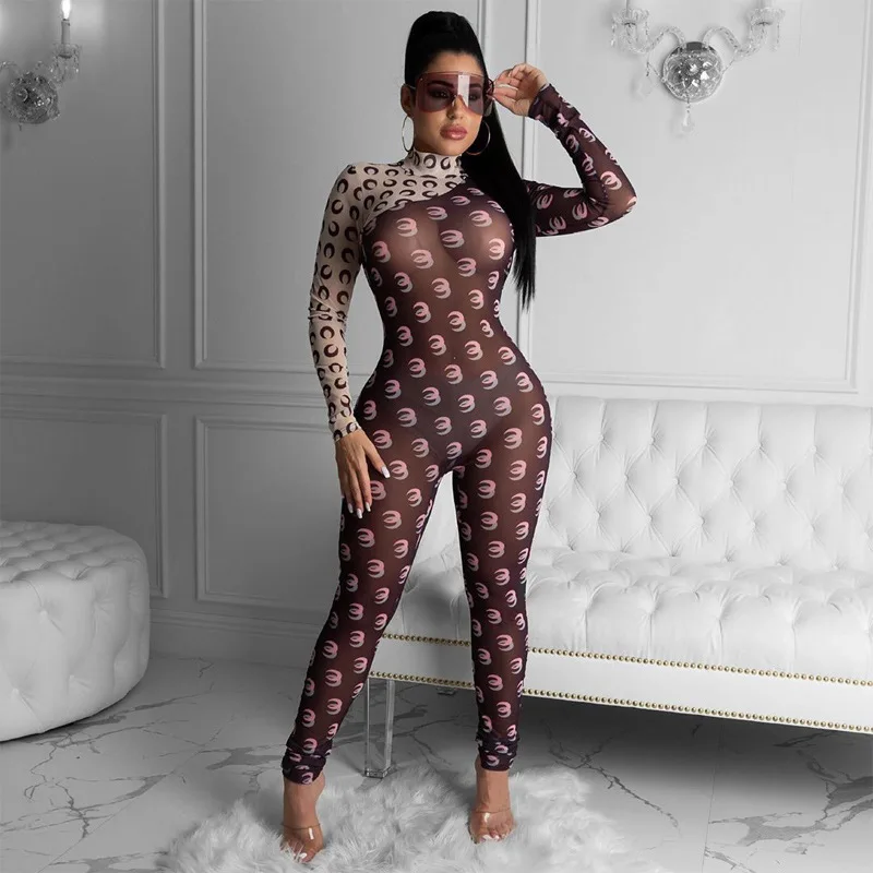 

BIIKPIIK Mesh Jumpsuits For Women Print Skinny Sexy Jumpsuit Sporty Fitness Workout Long Elegant Female Jumpsuit Sportwear