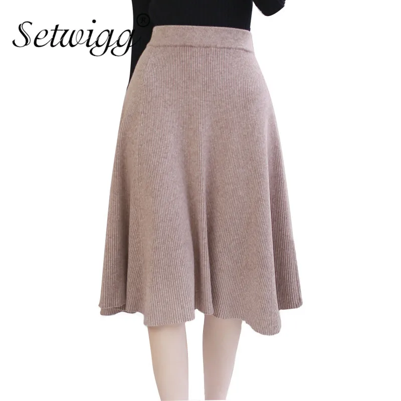 

SETWIGG Women Winter Wool Knit Midi Skirt Elastic Waist Solid Warm Flare Rib Knitted Draped Knee-length Autumn Skirts