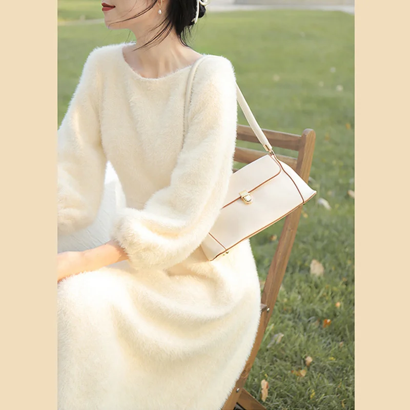 

Autumn Women Dresses Sweet French Style Retro Elegant Slim Apricot Knitted Bottoming Gentle Long Sweater Dress Female Clothes