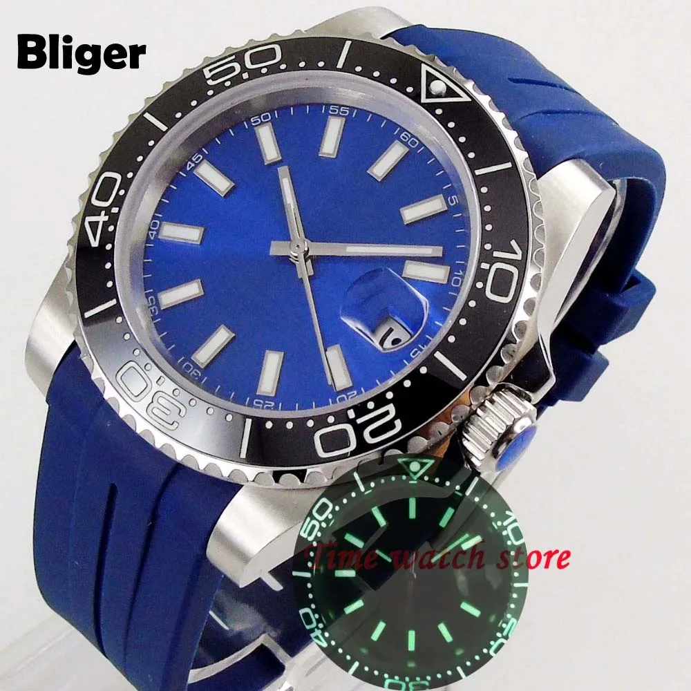 

Bliger 40mm 21 jewels Miyota 8215 Automatic blue sterile dial men's watch super luminous ceramic bezel rubber strap 204