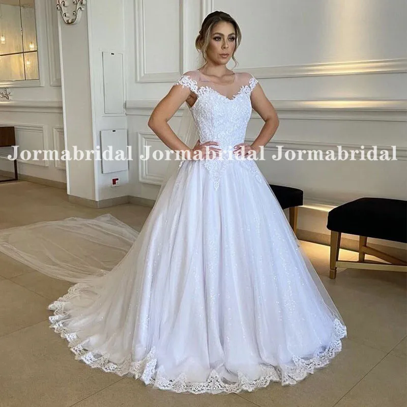 

Белое блестящее свадебное платье с рукавом-крылышком, иллюзионное винтажное кружевное бальное платье с круглым вырезом и аппликацией из бл...