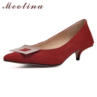 meotina women kid suede mid heel shoes pointed toe stiletto heels pumps metal decoration shallow dress footwear spring size 40