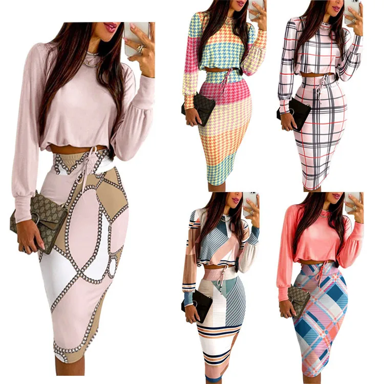 

Plaid Printed Skirt Set 2021 Fashion new Long Sleeve Temperament Commuter A-line Skirt Sets