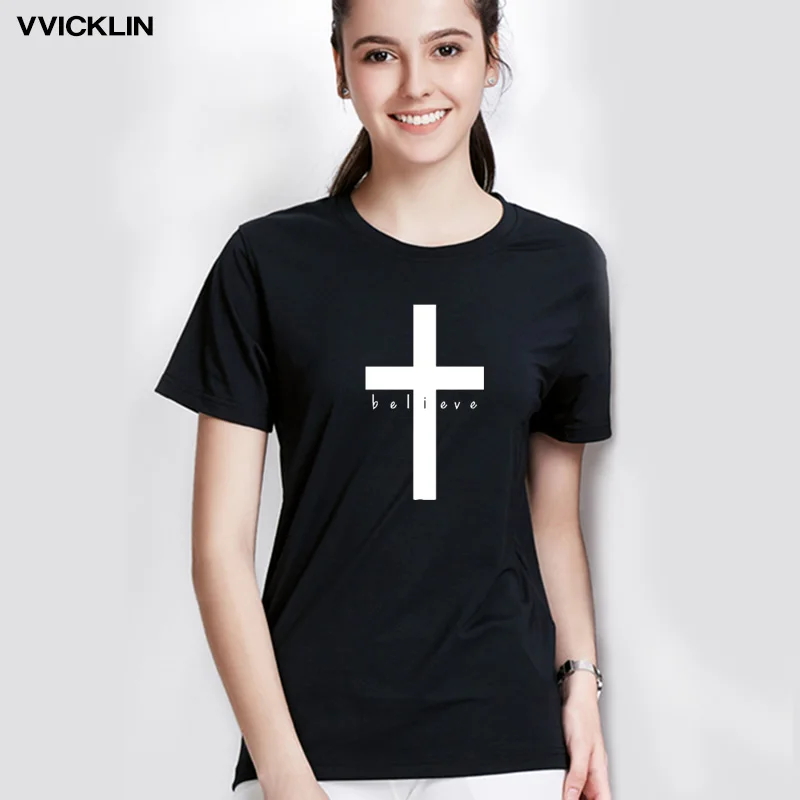 

Christian female fashion t shirt character style casual tops Summer Cotton Short Sleeve Loose Fit Women Faith T-shirt