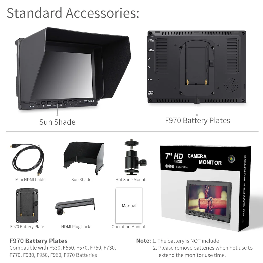 

FEELWORLD FW759 7 Inch DSLR Camera Field Monitor 4K HDMI HD Video Assist Slim IPS 1280x800 1080p Quality Moniteur with Sunshade