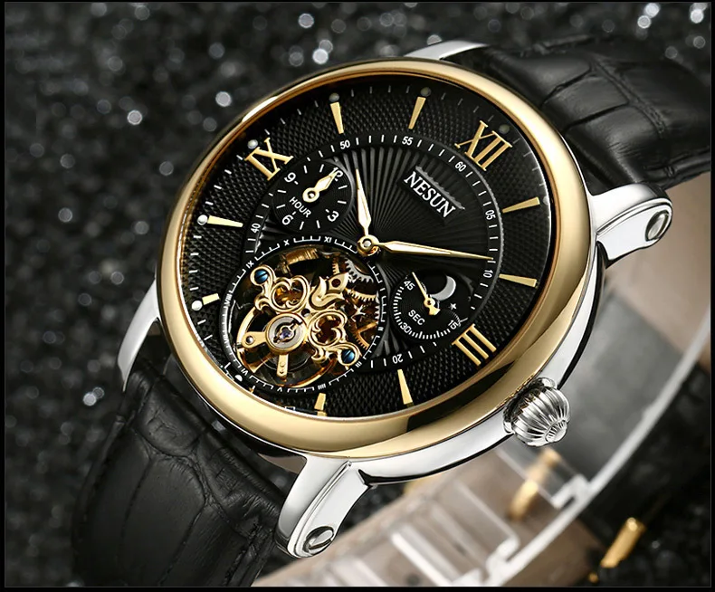 Швейцарские часы Nesun Skeleton Tourbillon для мужчин Топ люксовый бренд автоматические механические мужские часы водонепроницаемые relogio N9091-3