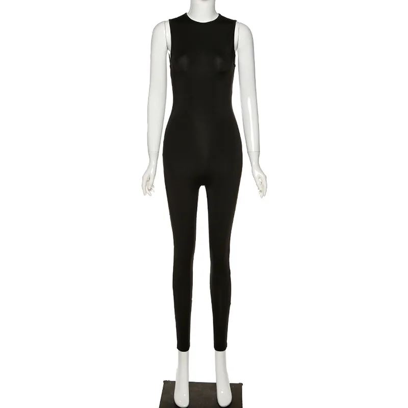 

high quality solid simple bodycon jumpsuit overalls for women summer new sleeveless elegant casual street fitness outfit