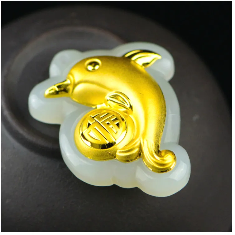 Натуральный китайский сорта хотанской (Hetian) белого нефрита сусальным золотом