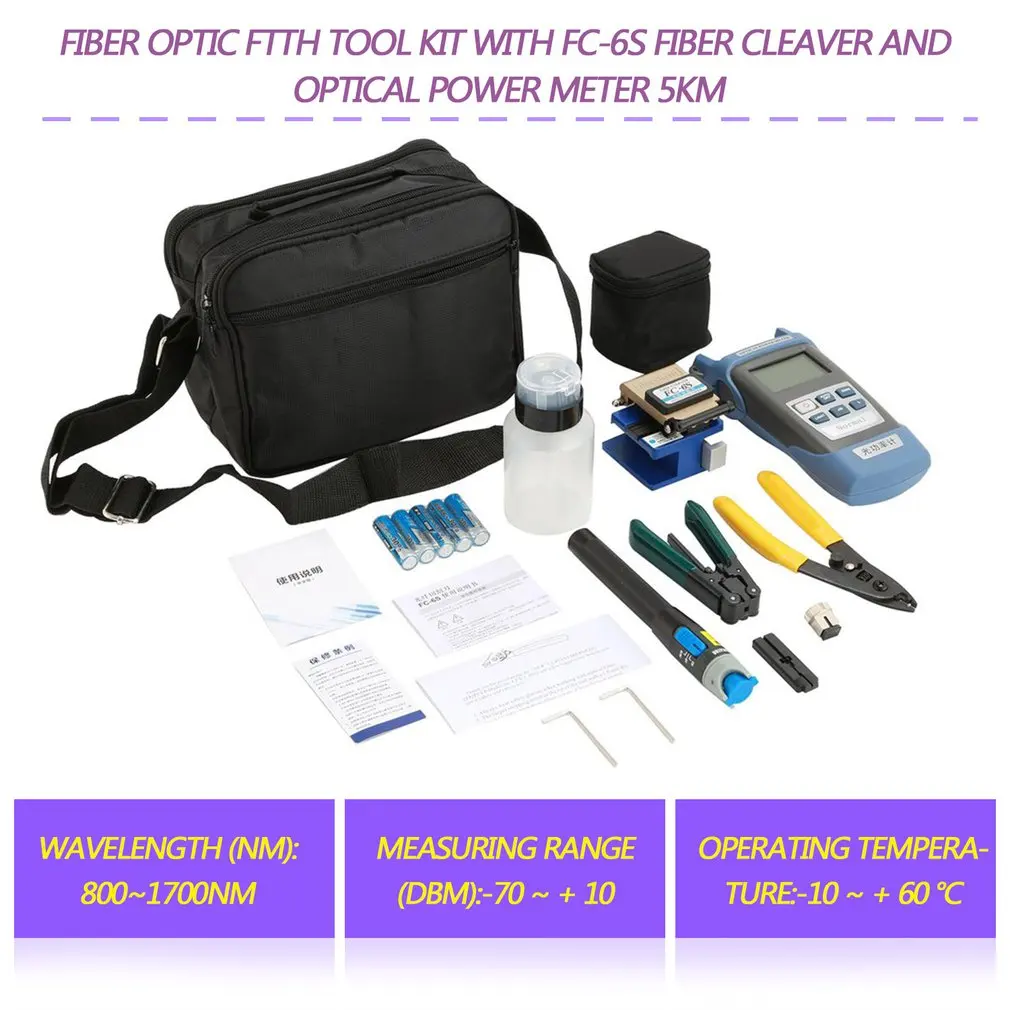 

10PCS Fiber Optic FTTH Tool Kit with FC-6S Fiber Cleaver and Optical Power Meter 5km Visual Fault Locator Wire stripper CFS-2