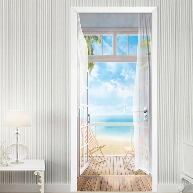 

Window Sandy Beach Seascape 3D Photo Door Sticker Bedroom Living Room PVC Self-adhesive Wall Paper Decals Art Doors Decoration
