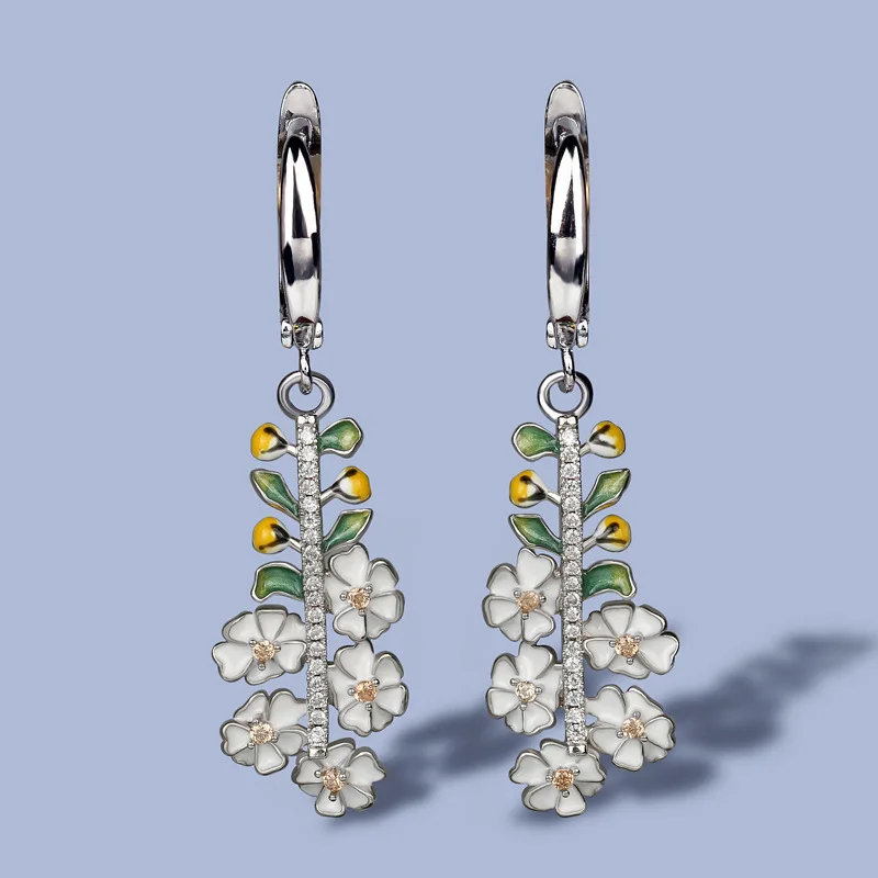 

Women Fashion 925 Sterling Silver Flower Dangler Earrings for Women Elegant Bling Zircon Long Earring Bohemia Enamel Jewelry