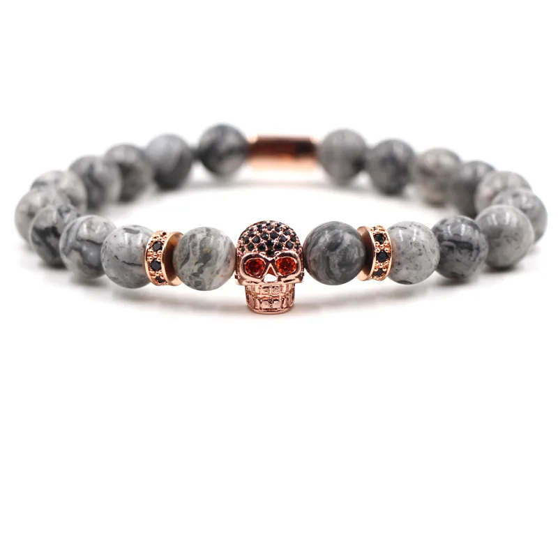 

New 2019 Gray Natural Stone Bracelet Female Jewelry Rose Gold Skull Crown Steel Flower Pendant Charm Bracelets Women Jewelry
