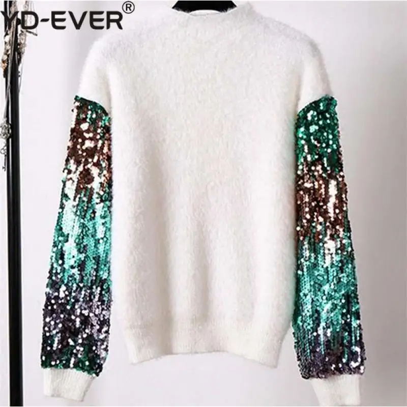 Metallic Sequin Sleeve Fuzzy Angora Sweater Women Autumn Winter High Street Knitted Jumper Pullovers * | Женская одежда