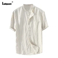 plus size 4xl 5xl men fashion blouse solid cotton linen shirt blusas sexy mens clothing 2021 single breasted tops casual shirts