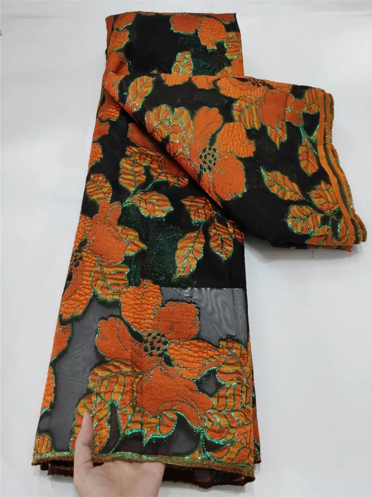 

High Quality French Orange black Lace Fabric New African Embroidery Tulle Lace Fabric With Sequins Sewing Materials HD726