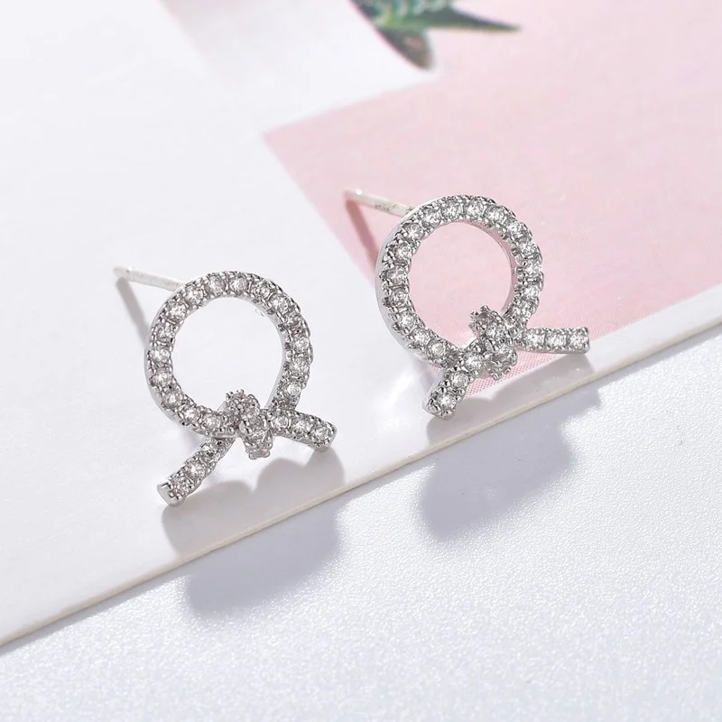 

Karopel Design Round Bow Earrings Female Simple Earrings for Women Crystal Stud Earrings Zircon Sweet Wreath Jewelry Gift