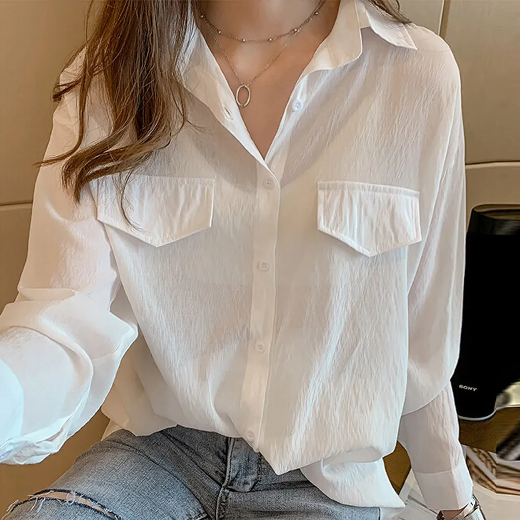 2019 Spring One Pocket Women pink Shirt Female Blouse Tops Long Sleeve Casual Turn-down Collar OL Style Loose Blouses#g5 | Женская