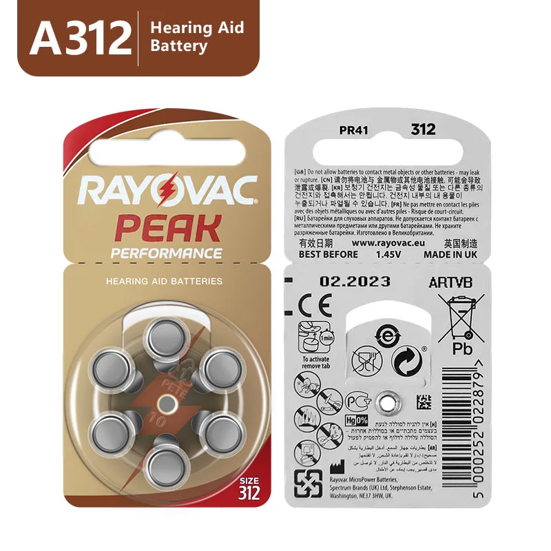 Rayovac-Batería de 60 piezas para audífonos de máximo rendimiento, 312, 312A, A312, PR41. Batería de Zinc para audífono de aire