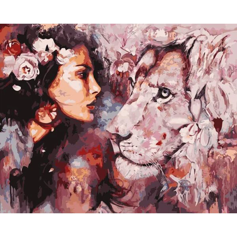 

GATYZTORY 60x75cm Painting By Numbers Frameless Oil Painting On Canvas DIY Women and Lions Pictures By Numbers Home Decoration
