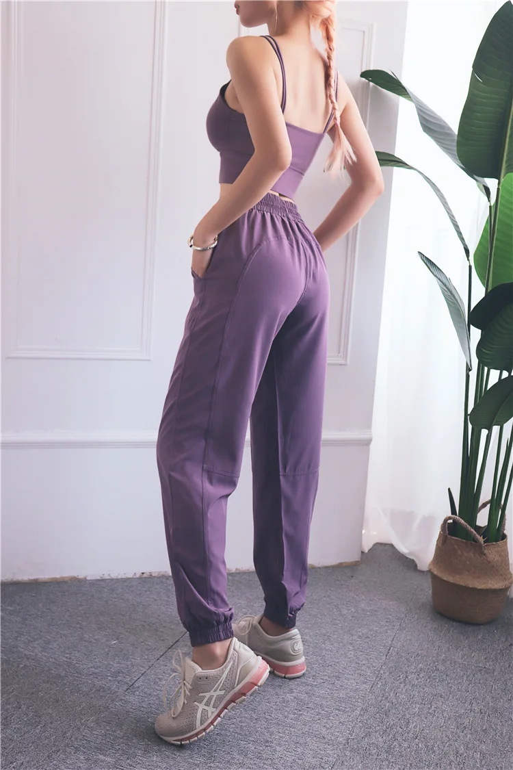 

2021 Fashion Elastic Band Women Yoga Pants Fitness Trousers Peach Hips Loose-fitting Quick-drying Purple Pocket Sports Pants