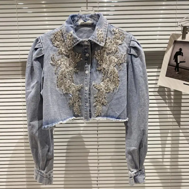 

Женская короткая джинсовая куртка, синяя джинсовая куртка с цветочным принтом и бусинами, укороченные куртки для осени, 2021
