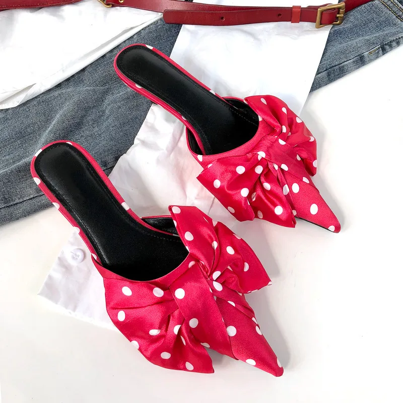 Knsvvli/новые женские шлепанцы с узлом в горошек украшенные на каблуке рюмочка