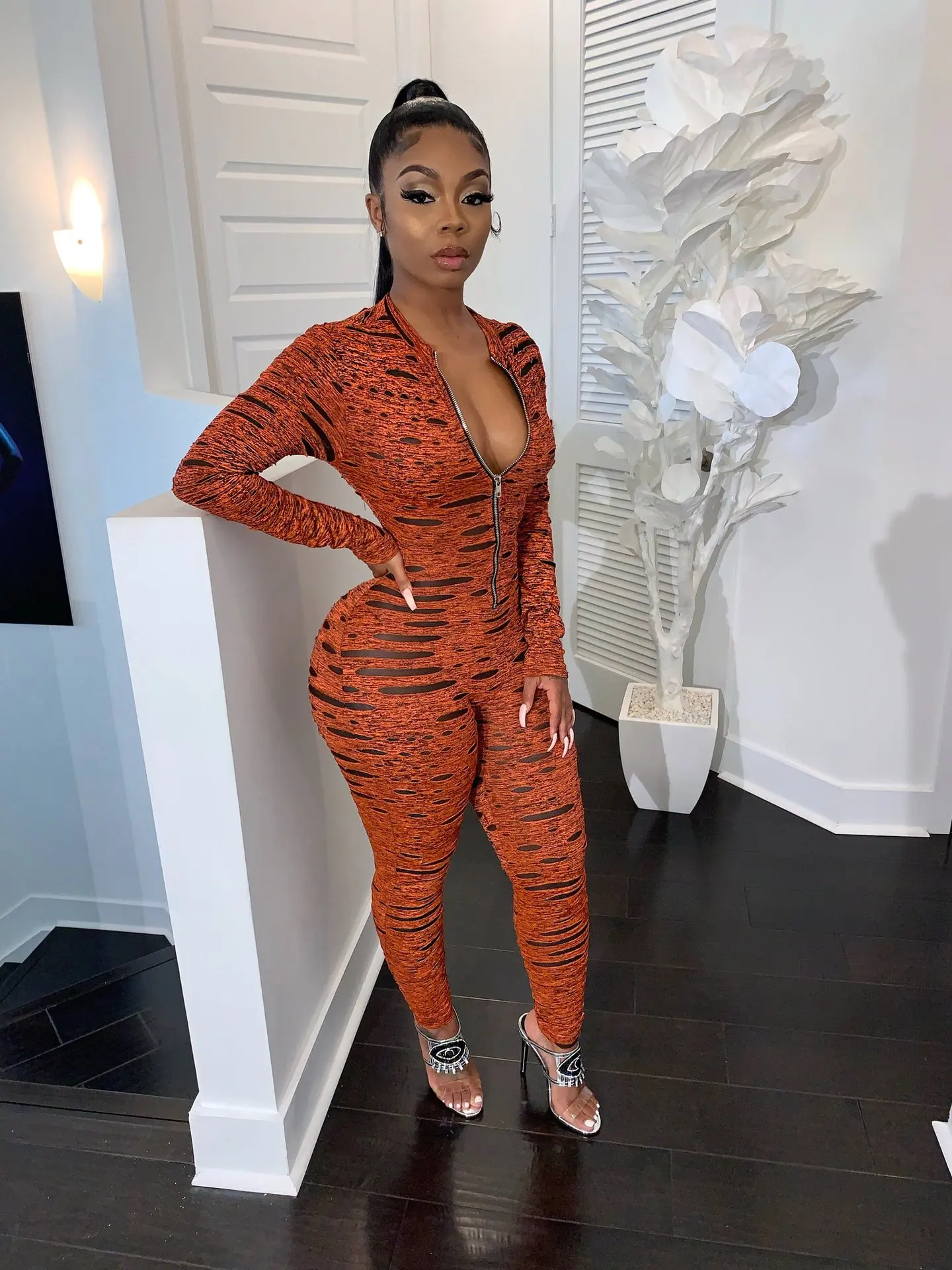 

2020 New Style Autumn Women Long Sleeve Jumpsuit Digital Printing Smooth Metal Zipper Sexy Slim Fit Spring Clothing