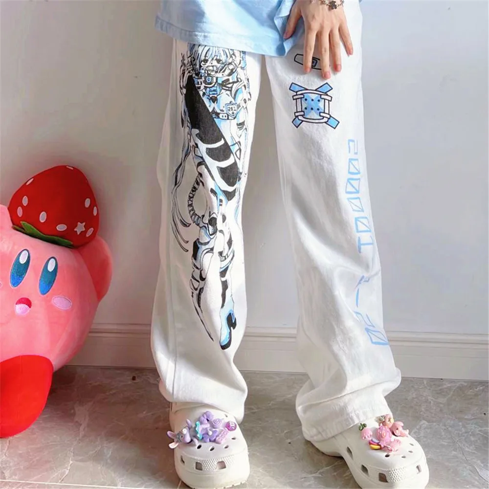 

White Ins Cartoon Print Pants Fashion Girl Harajuku Loose Pants Cute Funny Straight Summer Kawaii High Street Amine Pants Women
