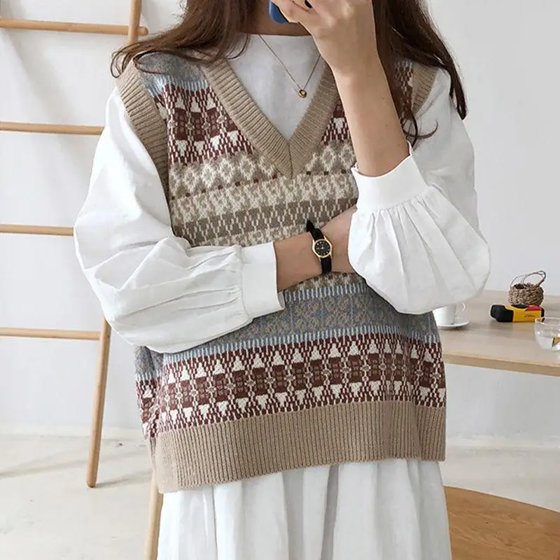 

ZITY Sougen Vintage Sweater Vest Women V Neck Sleeveless Loose Sweaters Fashion Casual Tank Tops Pullover Spring Autumn Women 'S