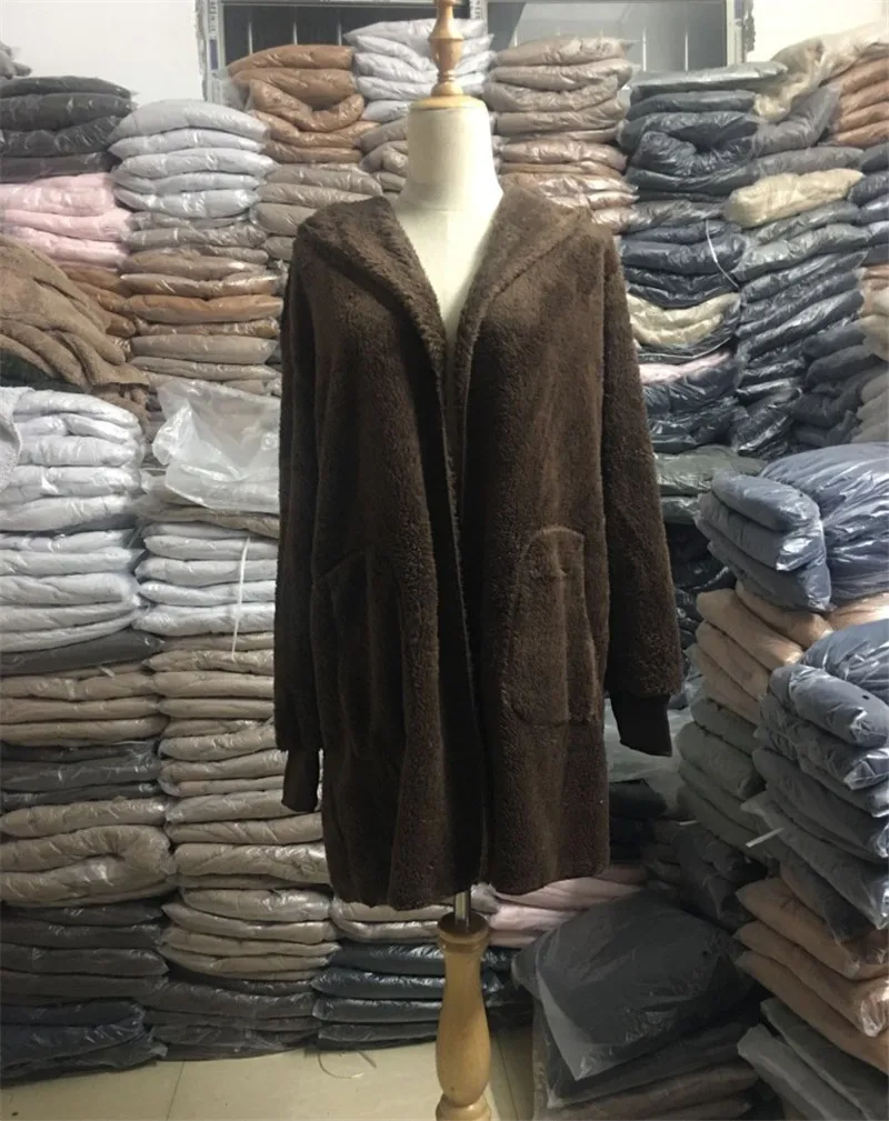 S-5XL пальто с искусственным мехом плюшевого мишки, женская модная куртка с открытым стежком, зимнее пальто с капюшоном, Женская пушистая куртка с длинным рукавом, новинка