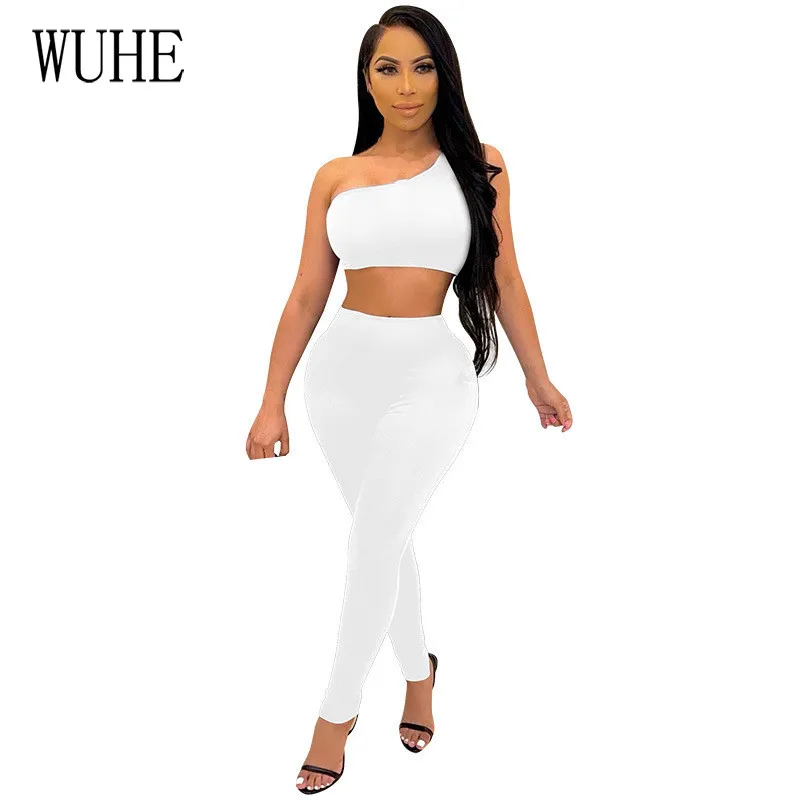 

WUHE Tracksuits 2 Piece Suits Breast Wrap Off Shoulder Sleeveless Top Tight Pencil Pants Casual Sports Fitness Club Outfits
