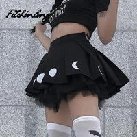 fitshinling mini skirts punk pleated short skirt gothic faldas embroidery black street style moon fairy grunge jupe casual
