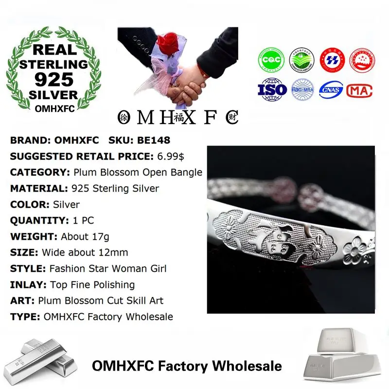 OMHXFC Wholesale European Fashion Woman Girl Party Wedding Gift Plum Blossom 925 Sterling Silver Open Bangles Bracelets BE148 | Украшения и
